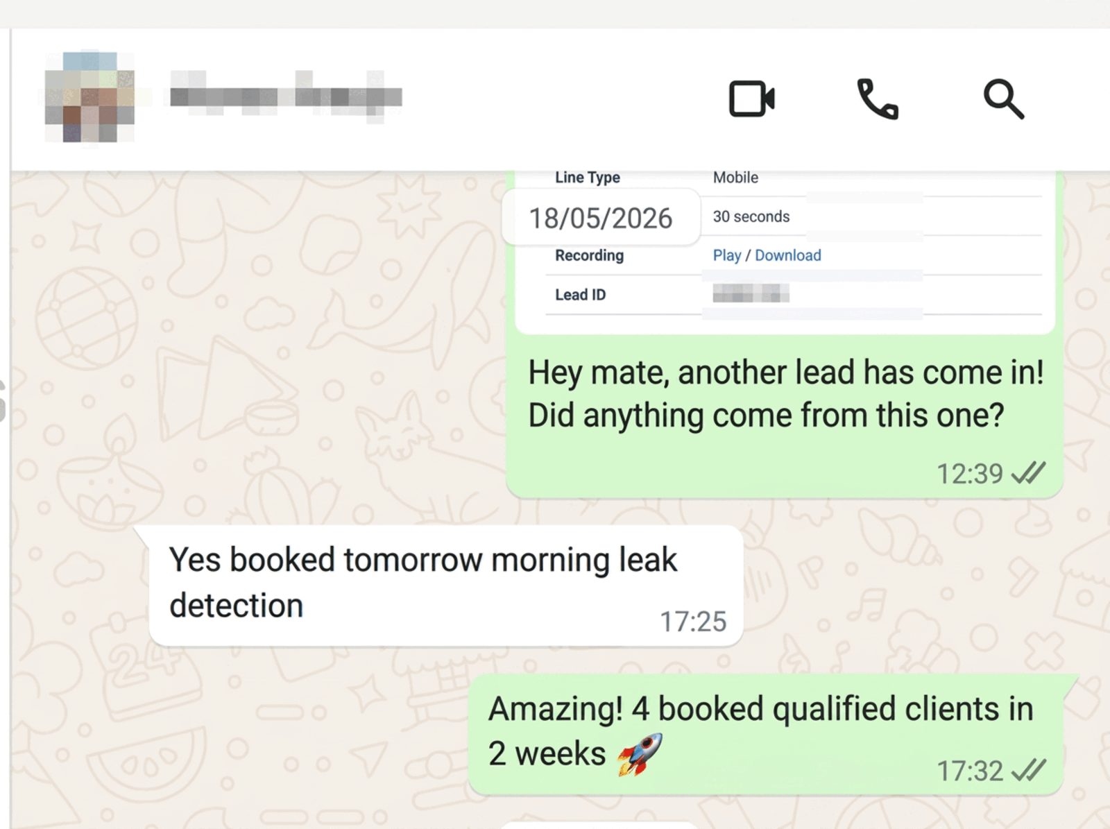 WhatsApp message from Flow Plus Plumbing confirming booked jobs