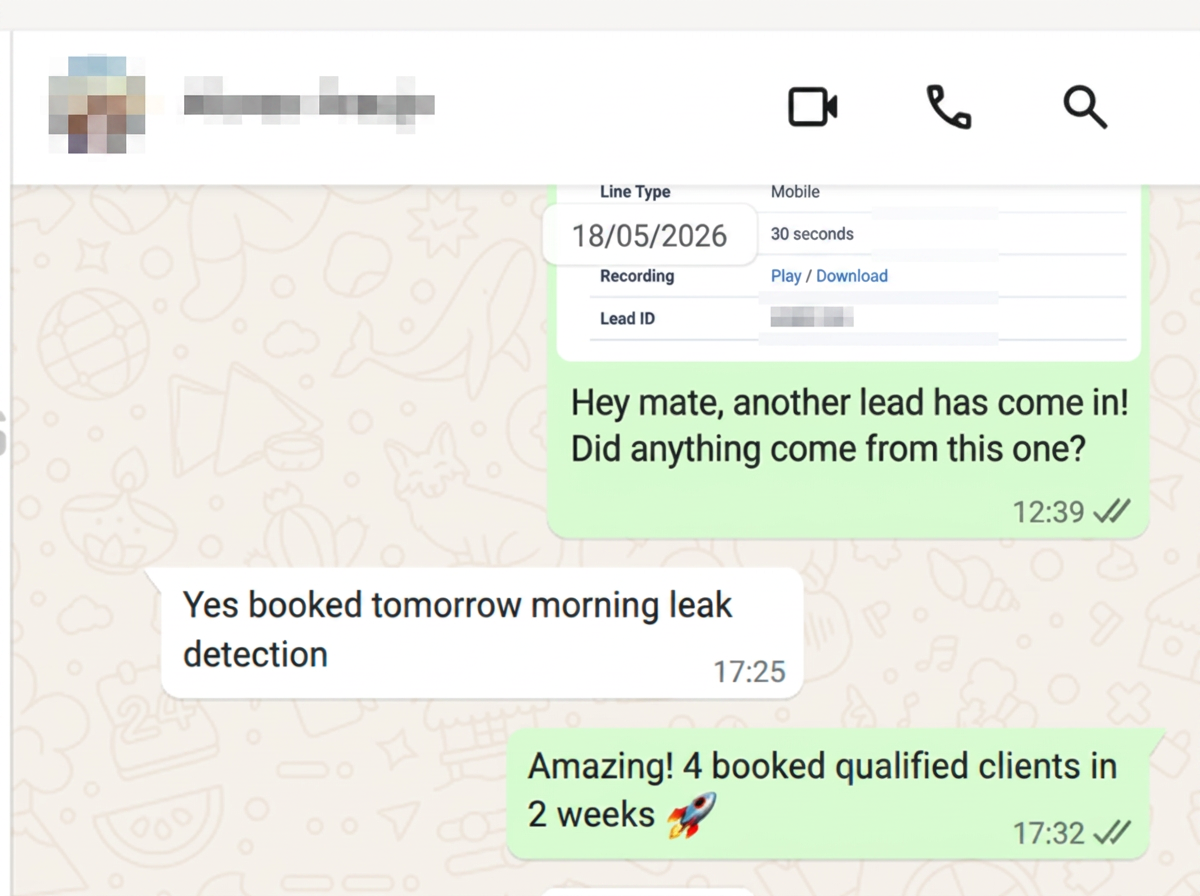 WhatsApp message from the client confirming 10 booked jobs in the first month