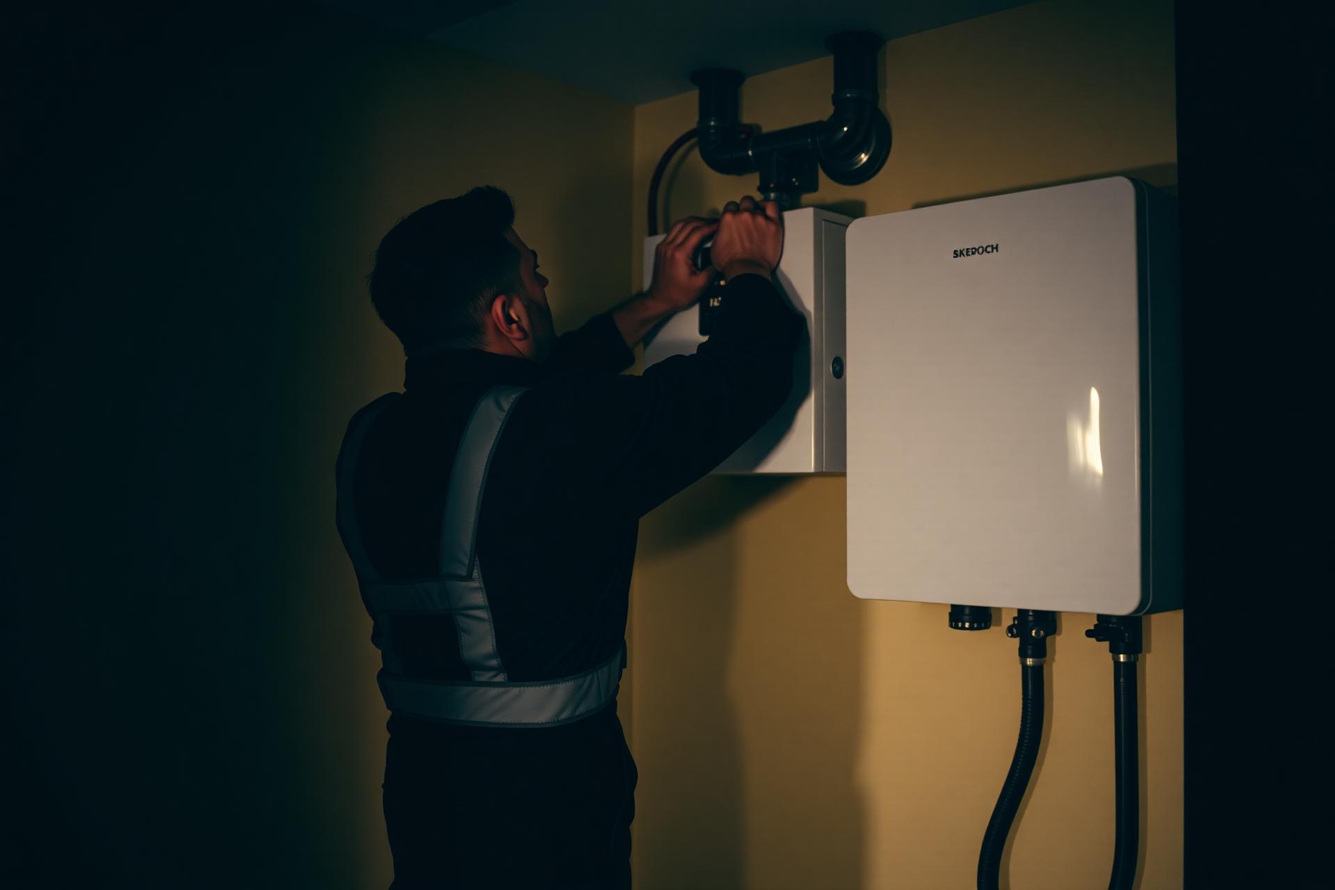 Heating engineer installing a boiler